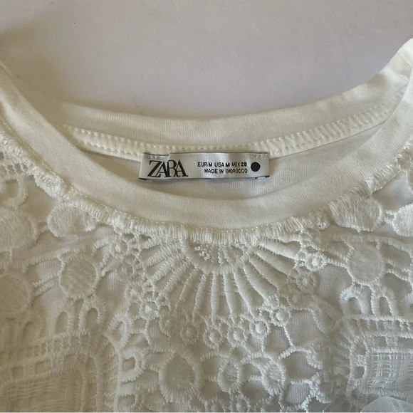 Zara White Tee Shirt with Lacey Collar - Picture 6 of 9